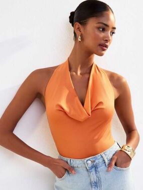 NWOT Orange Knit Cowl Neck Halter Bodysuit